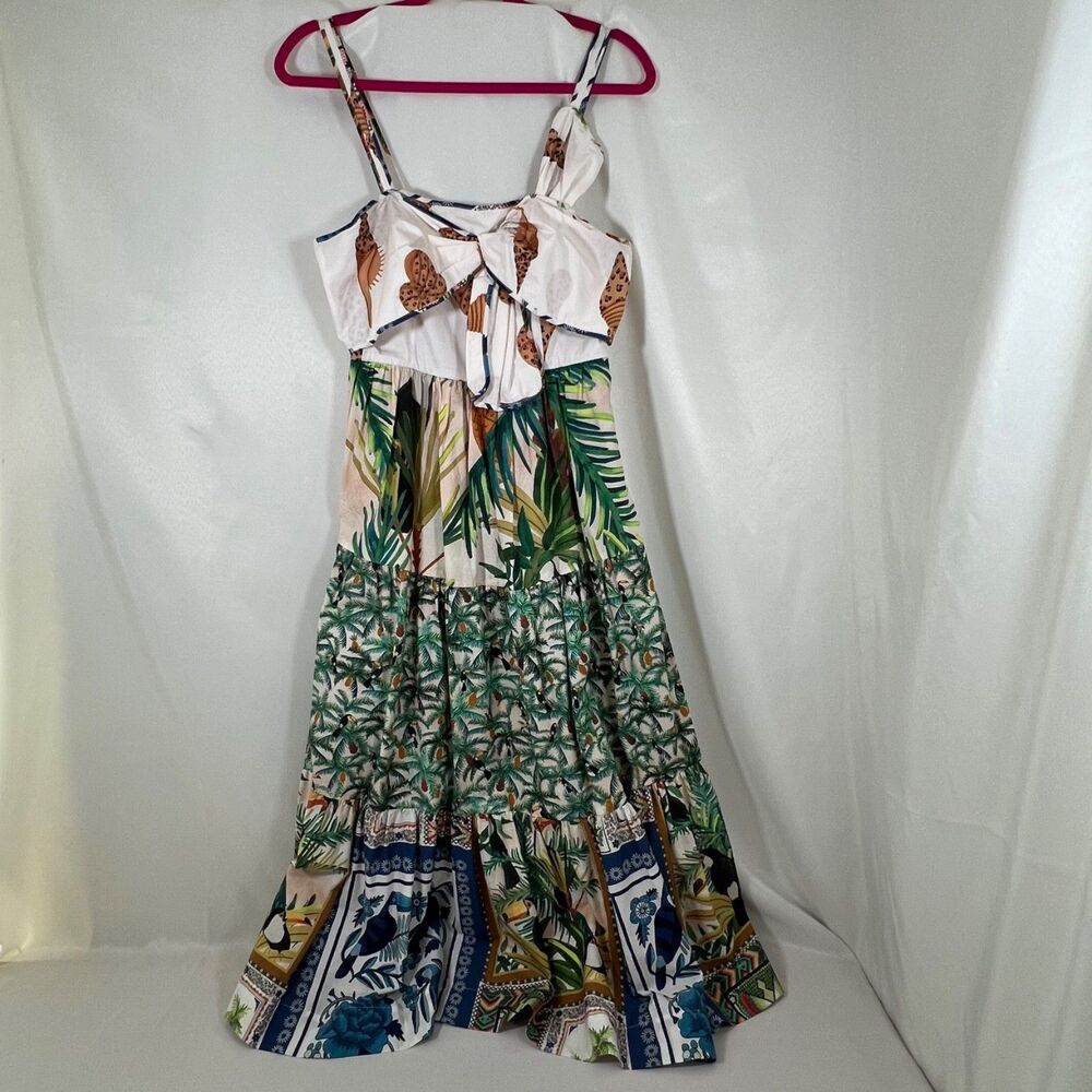 Farm Rio 100% Cotton Tropical Mixed-Print Tiered Maxi Summer Dress Size Small